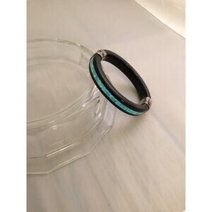 Jay King DTR Black Onyx/Sterling Hinged Bangle/Bracelet w/Turquoise Inlay
